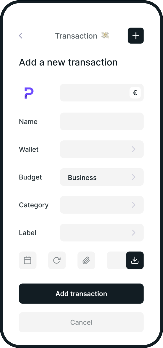 Screenshot of Smoothey's transactions screen. It features an icon selector, text fields, buttons and action buttons.