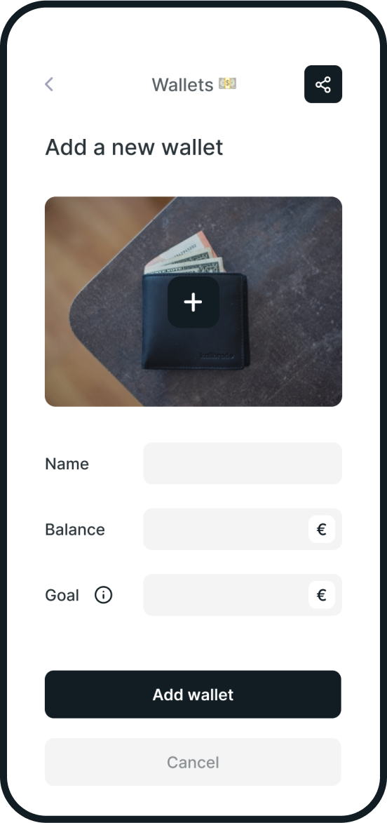 Screenshot of Smoothey's wallet screen. It features a picture selector, a name, balance and goal text fields and action buttons.