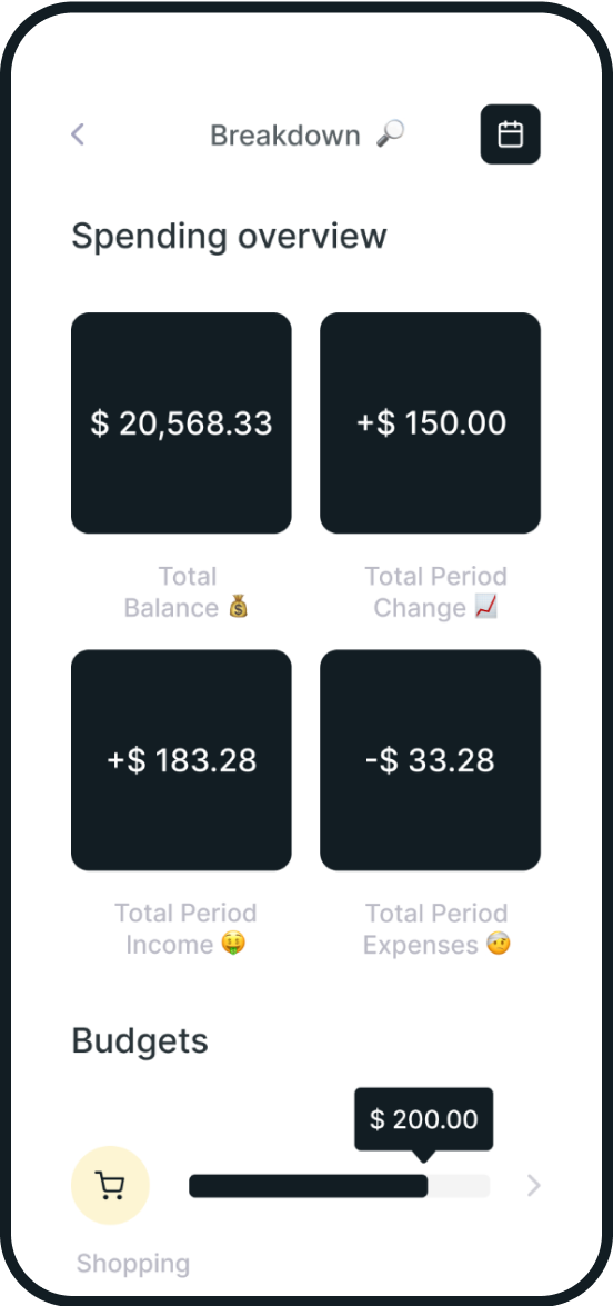 Screenshot of Smoothey's breakdown screen. It features a spending overview section along a budget section.